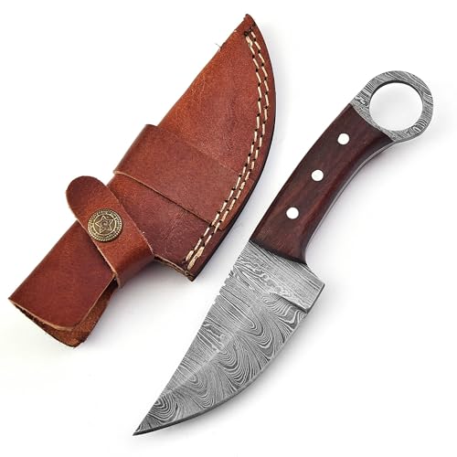 FAIQENTERPRICE Damascus Steel Blade Skinning Hunting Knife With Leather Sheath Belt Loop - Fixed Blade Damascus Knives for Men - Best Deer Hunting Skinner Knife (Skinner Small Brown)