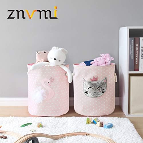 Znvmi Nursery Toys Storage Basket Thicken Fabric Laundry Hamper Large Folding Washing Bin for Kids Girls Baby - Swan/Pink