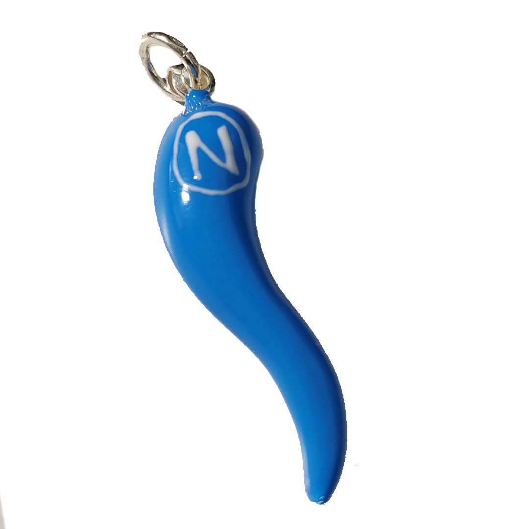 Ciondolo cornetto portafortuna grande napoli uomo pendente argento 925 smalto azzurro bianco in argento 925 smaltato a fuoco colori Napoli Calcio gioiello uomo ragazzo scaramanzia lunghezza cm 4,5