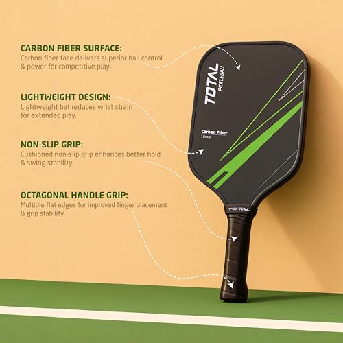 Image of Total Pickleball Paddle Racket 16mm Carbon Fiber | Lightweight Single Bat with Cushioned Grip for Indoor Outdoor Pickle Ball Game-Black Green