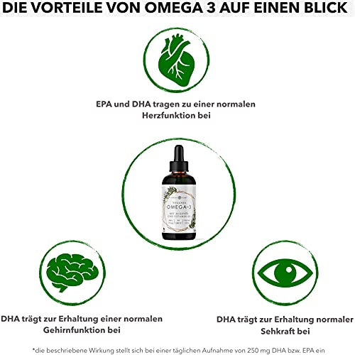 Veganes Omega 3 Algenöl Präparat | DHA aus der Mikroalge Schizochytrium sp. | Mit Vitamin D3 | Auf Basis von Hanfsamenöl | Hoher Anteil an Alpha-Linolsäure und Alpha Linolensäure, 100 ml – Bild 6