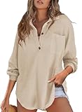 Astylish Ladies Waffle Knit Long Sleeve Tops Fashion Button Up V Neck Henley Shirt Lightweight Basic Tunic Blouses Light French Beige X-Large