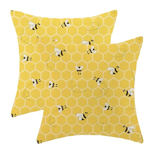 Summer Pillow Covers 18x18 Pack of 2 Yellow Bee Throw Pillow Covers,Seasonal Holiday Modern Decorative Pillowcase Farmhouse Linen Cushion Case for Home Couch Sofa,Outdoor Decoration