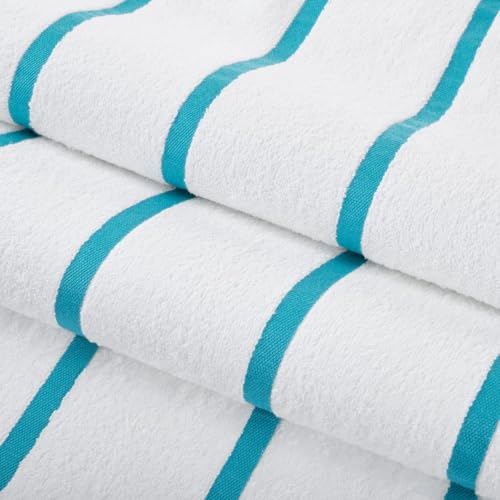 Image of Casa Copenhagen Pack of 2 Cabana Pool XL Towels for Bath Cotton Rough and Tough Use,70 x 140 cm Colour : White Teal Stripe