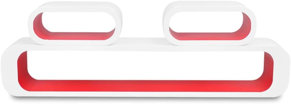 3 White-Red MDF Floating Wall Display Shelf Cubes, Invisible Mounting System, Book/DVD Storage, Modern Room Decor for Living Room, Bedroom, or Bathroom