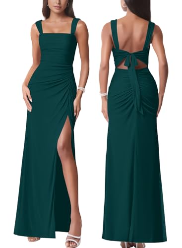 firfig Womens Elegant Mesh Backless Sleeveless Long Dress Tie Low Back Formal Cocktail Maxi Dresses for Wedding Guest, Dark Green X-Large