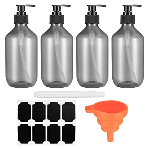 4 Stück Nachfüllbare leere Shampoo Flaschen, 300 ml Seifenspender Flaschen, Lotionspumpe Spenderflaschen für Küche Badezimmer Lotionen Shampoo, mit Etikett, Stift, Trichter (Transparent schwarz)