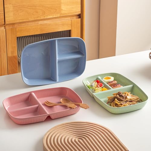 Image of Unbreakable Wheat Straw Plates with 3 Compartments for Kids, Toddlers, Meat & Appetizers, Snacks, Cake, Side Dishes, Pasta, Noodles Dishwasher & Microwave Safe Tray (Pink, Pack of 2)