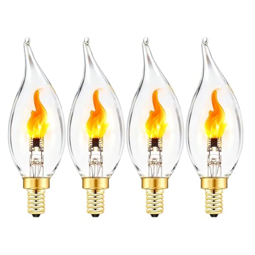 Sunaiony Flickering Light Bulbs E12 Candelabra LED Fire Effect Flicker Flame, LED Candle Flame Bulb for Decoration, 4 Pack (1 Mode)