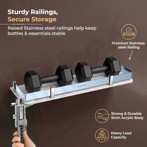 Image of Plantex Acrylic Shelf for Bathroom /Living Room Wall Mounted Shelf with Silver Railings - Bathroom Accessories (White, 18x6 inches)