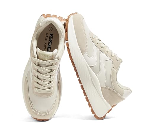 LUCKY STEP Women's Casual Retro Fashion Sneakers Classic Platform Stylish Walking Shoes Trainers Anti-Slip Lace-up Street Style Footwear(Beige,8.5)