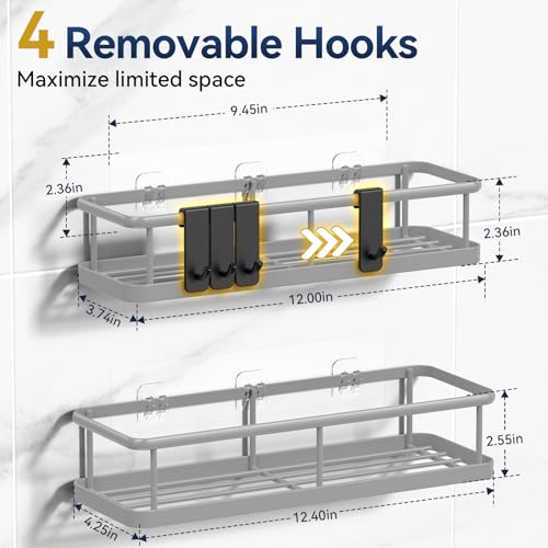 YASONIC Shower Caddy Adhesive, No Drill Bathroom Shower Organizers, with Removable Hooks, Rust Proof Shower Shelves, Wall-Mounted Shower Holder, Grey, 2 Pack - Image 3