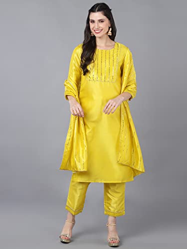 Image of Vaamsi Women's Poly Silk Embellished Solid Straight Kurta Pant with Dupatta