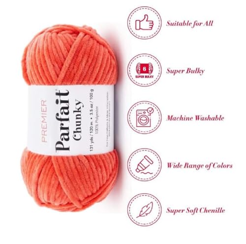 Image of Premier Yarns Parfait Chunky Chenille Yarn 3.5 Oz 6 Super Bulky Weight 3 Pack Bundle with Bella's Stitch Place Holders (Mango)