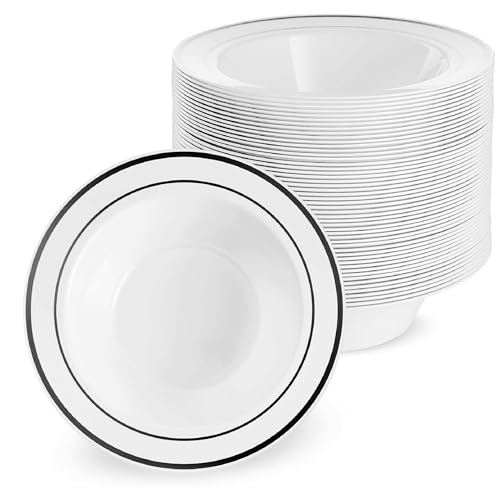 MATANA 25 Cuencos de Plástico Blanco con Borde Negro, 360ml - Cuencos Sopa, Platos Hondos para Bodas, Cumpleaños, Barbacoas, Fiestas - Resistentes y Reutilizables