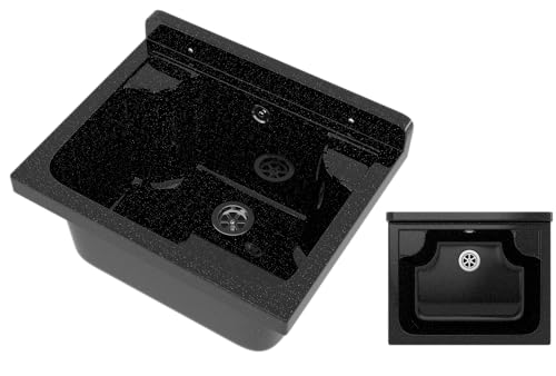 Set Lavandino + Sifone - Lavatoio da Esterno 42x 34x24 cm - Lavandino esterno per lavanderia, garage, giardino - Lavabo Resistente agli acidi e alle sostanze chimiche - Nero - Granitan