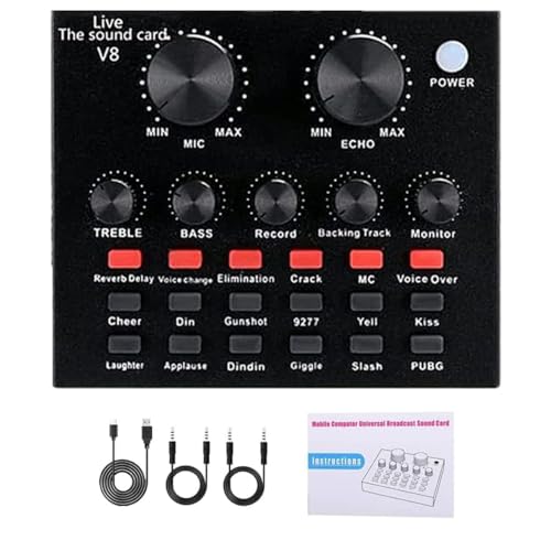 Ficontek V8 External Sound Card Live Sound Mixer Board Portable Audio Mixer Voice Changer USB Interface Multiple Sound Effects Volume Adjustable for Music Recording Karaoke Singing Broadcast