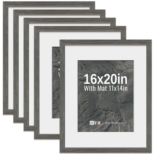 Image of VCK 16x20 Picture Frames 5 Pack, Grey Wood, 11x14 Mat, Glass, for Poster