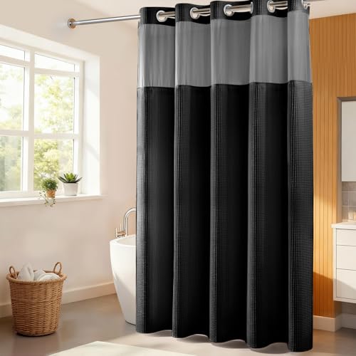 River Dream Black Fabric Shower Curtain Set, Cotton Blend, Waffle Weave, with Snap in Replacement Liner,71 x 86 inches