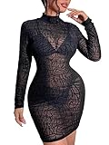 Verdusa Women's Graphic Sheer Mesh Mock Neck Long Sleeve Short Bodycon Dress Black M