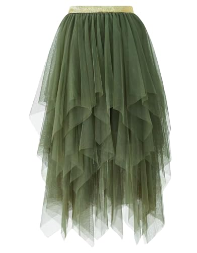 Damen Tüll Röcke High Low Layered Faltenrock Midi Rock Asymmetrisch...