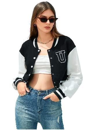Image of Women's Full Sleeves Varsity Black Crop Jacket