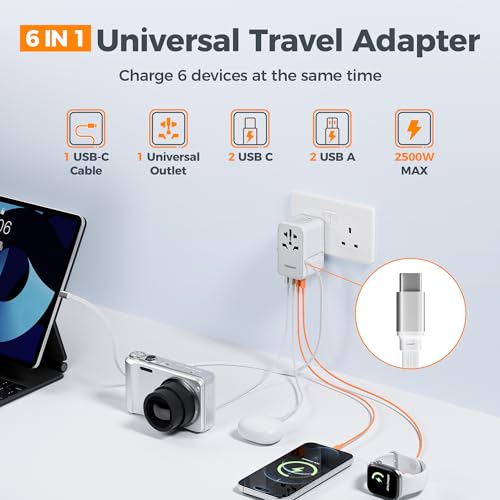 Image of TESSAN Universal Travel Adapter PD 35W GaN, International Power Adapter Built in 1 Retractable USB C Cable, 6 in 1 Travel Adaptor Worldwide with 4 USB Ports for US to Europe UK AUS (Type C G A I)