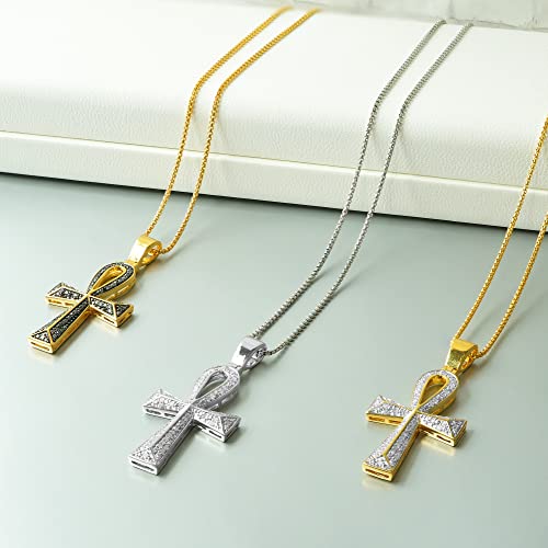 Timeless Love 1/4 CTTW Diamond Ankh Cross Charm Pendant Set in Yellow Gold over Sterling Silver or Sterling Silver, Necklace with 22" Box Chain with Lobster Lock Clasp, Religious Jewelry Gifts for Men3