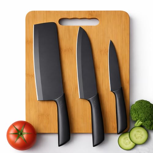 Premium Stainless Steel Knife Set with Bamboo Wooden Chopping Board | 3-Piece Ultra-Sharp Blades, Chef, Meat Cleaver & Utility Kitchen Knife Set | Eco