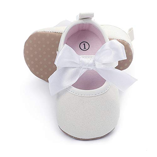 Baby Girls Mary Jane Flats with Bowknot Soft Sole Non-Slip Toddler Infant First Walker Princess Dress Shoes (6-12 Months Infant, M-White)