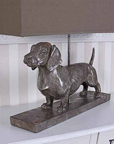 Tischlampe XXL Dackel Leuchte Hund 60cm Lampe Hundefigur Nachttischlampe Hundelampe cw195 Palazzo Exklusiv „VILLA CHARLY“ – Silber Dachshund mit Stoffschirm im englischen Stil