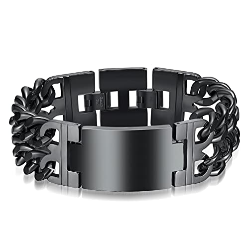 Image of Young & Forever Titanium Steel Cuban Link Chain ID Bar Bracelet for Men and Boys | Bold Punk Style Hand Band Kada | Plain and Religious Cross Engraved Matte Black & Metallic Silver Style Options
