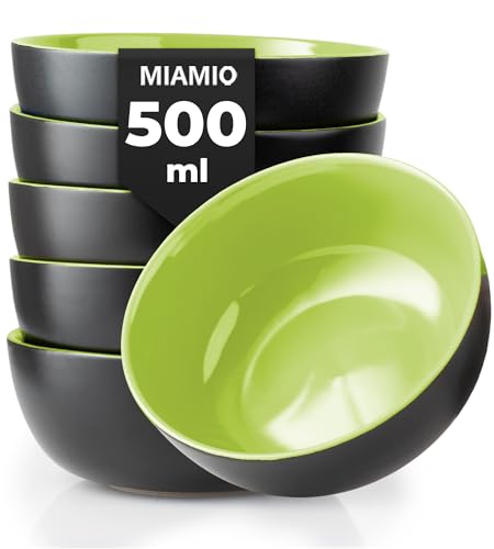 MIAMIO - 6 x 500ml Set di Ciotole/Coppe Esterno Nero Interno Colorato - Le Papillon Collezione (verde)