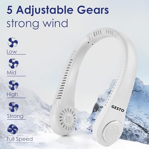Image of Gesto Portable Neck Fan Rechargeable - Hands-Free Neck Fan for Summer With 1500 mAh Battery & Display | 5-Speed 360 Airflow, USB Charging Personal Fan for Home, Kitchen, Gym, Travel, Running -White