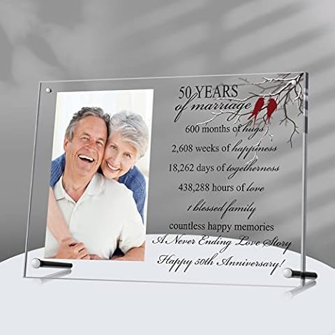 Roowest Acrylic 50th Anniversary Picture Frame 50 Years of Marriage Photo Frame Clear Tabletop Wedding Picture Frame 4 x 6 Frameless Free Standing Photo Frame Golden for Couples Parents Cover