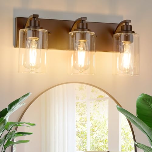 Image of 3-Light Bathroom Light Fixtures Modern ORB Vanity Lights | Easy to Install Clear Glass Shades, Wall Mount Up or Down, E26 Socket, Hardwired, 121V