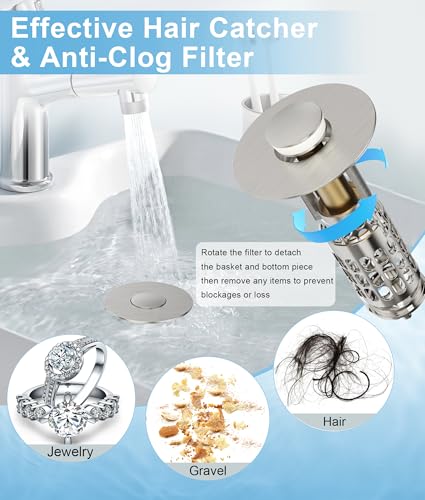 Image of QYHNYJF Upgraded Bathroom Sink Stopper with Hair Catcher - Universal Pop-Up Drain Plug, Stainless Steel & Silicone Seal for 1.1-1.5 Inch Drains,Brushed Nickel Finish (Brushed Nickel)