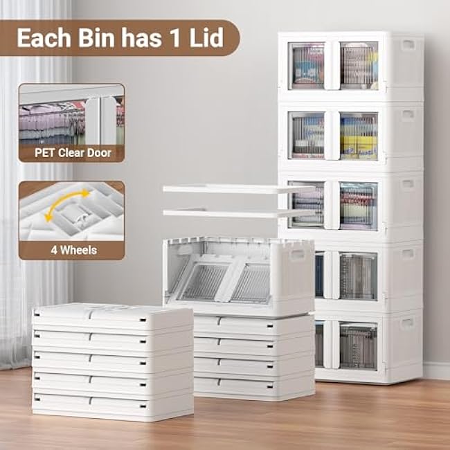 400QT Plastic Storage Bins With Lids, 100Gal Stackable Boxes With Wheels and Doors, Folding Closet Organizers, Cabinet for Closet Home Dorm, 4 Pack White