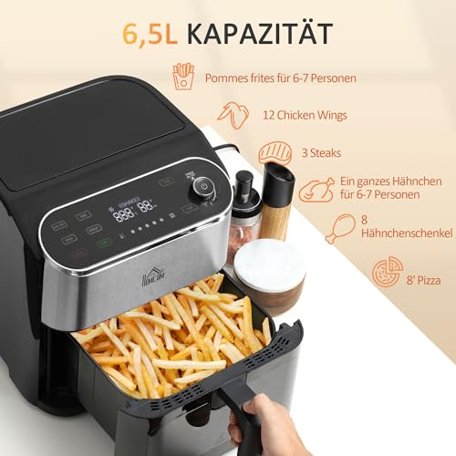 HOMCOM 4-in-1 heteluchtfriteuse, 6,5 l, 1350 W, met touchscreen-friteuse met timer en kijkvenster, heteluchtoven met antiaanbaklaag en bescherming tegen oververhitting voor olievrij frituren, zwart - Afbeelding 6