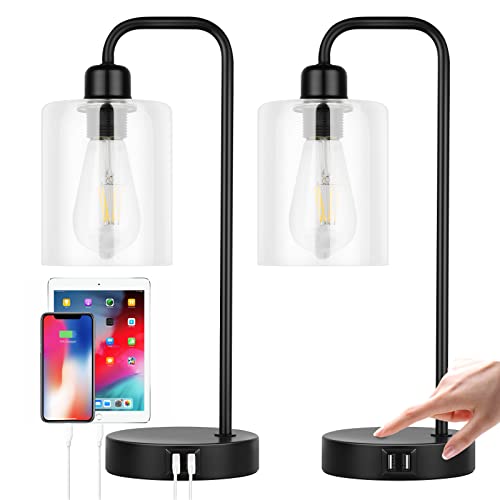 Industrial Table Lamps 3-Way Touch Control with 2 USB Port Dimmable Lamps for bedrooms, Bedside Nightstand Desk Lamps with Glass Lampshade for Reading Living Room Office 2 LED Bulb Included