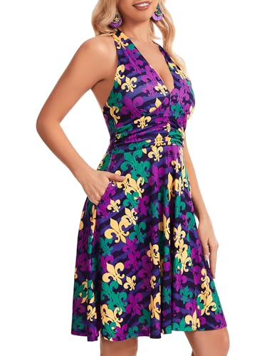 Image of Women's Festival Dress- Halter V Neck Sleeveless Ruffle Mini Dresses with Pocket