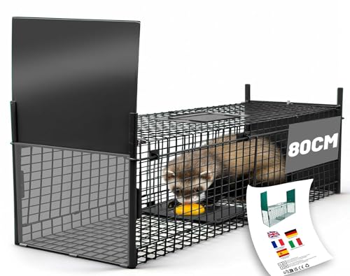 Piège Fouine Cage Trappe Chat 80x29x34cm Grande Nasse Rat Piège Animaux Vivant Cage avec 2 entrées Réutilisable & Pliable Piege pour Martre Fouine Chat Rat Lapin Écureuils - Noir