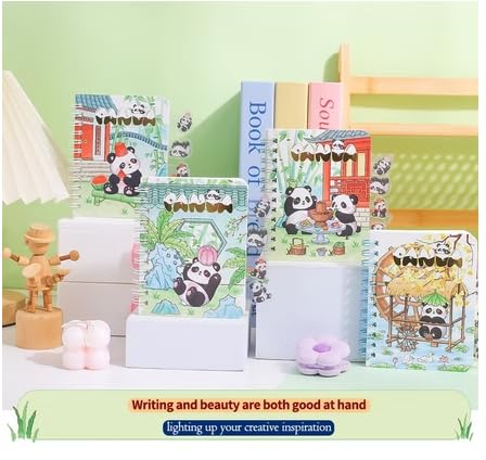 Image of Korean Stationery Mini Transparent 3-Hole Binder Spiral Diary Notebook - Cute Kawaii Portable Journal Notebook Agenda for Girls & Students (80+ Pages) (panda backyard c)