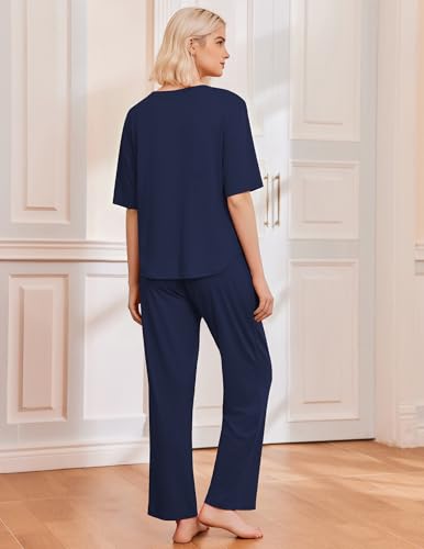 Image of Ekouaer 2 Pack Womens Pajamas Sets Short Sleeve Long Pants Pjs Lounge Set
