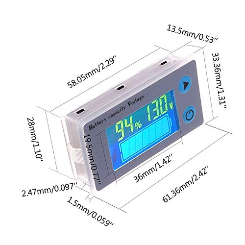 Diagram showing the dimensions of the Phoncoo JS-C33 Battery Capacity Indicator in millimeters and inches