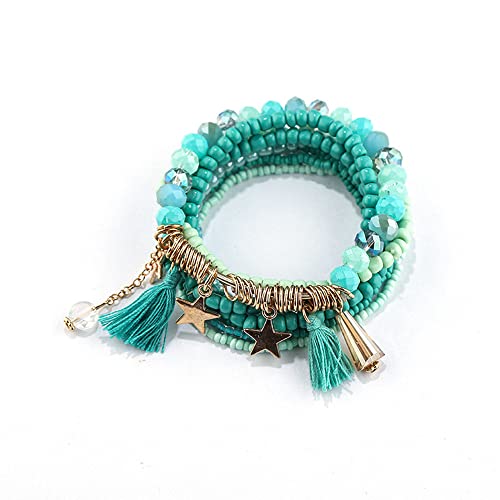 Boho Multilayer Stackable Bracelets Crystal Beaded Bracelets Set Cyan Blue Bohemian Handmade Beaded Bracelets Strand Statement for Women Jewelry