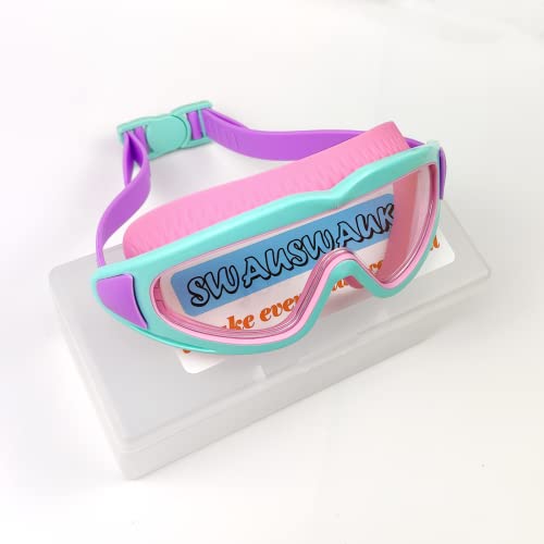 Image of Kids Swimming Goggles - Swimming Goggles Kids Boys Girls 4-12 Years, Large Lens Anti Fog Watertight Comfortable Swim Goggles for Kids Children (Pink & Green, Transparent)