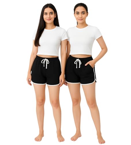 Image of Hangout Hub Women's Cotton Shorts | Boxer Half Pant with Sporty Stripe | Elastic Waist | Hypoallergenic Breathable Fabric | Sweat Absorbent Material | Gym Exercise Yoga Lounge Run Wear (Multi Color)