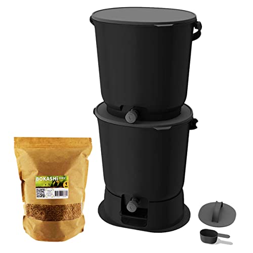 Moutta | Bokashi Organko Essential Negro (15,3L) | Set de 2 Cubos para Compost orgánico con compactador + 1kg de Activador de Fermentación EM 1