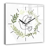 SacroArte Pointeurs Noir Carrée Motifs Bible Dieu Murale Fonctionnement Silencieux Cuisine pour Le Salon Horloge en Verre 30x30 cm   Saint Esprit et Feuilles